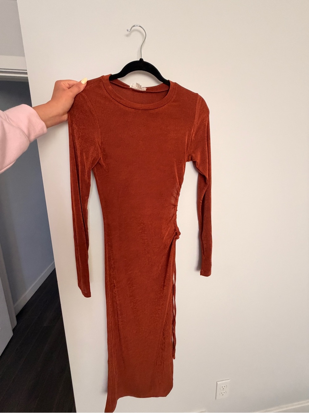 Long Sleeve Rust Side-Tie Midi Dress
